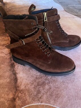 Belstaff Dark Brown Suede leather Lace-Up Combat Boots with Side Zip